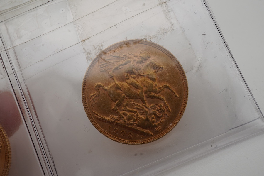 Two gold Sovereign coins, one Edward VII, dated 1908, the other George V, dated 1928